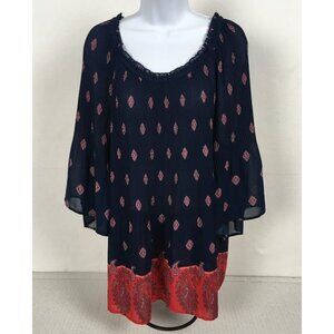 Catherines Petite Womens Top Size 2XWP Navy Blue Red Boho Print Bell Sleeve